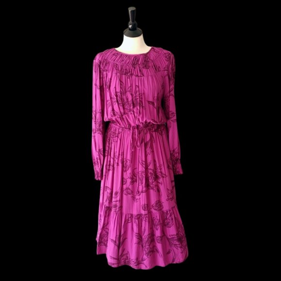 a new day Dresses & Skirts - A New Day Magenta Floral Bohemian Style Long Sleeve Midi Dress Size L